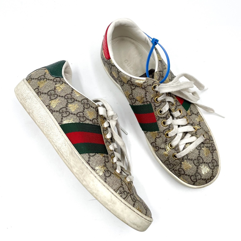 Gucci GG Supreme Gold Bee Print Sneakers Tan Stripe Red Lace Up Sz 37.5 / 7.5 US